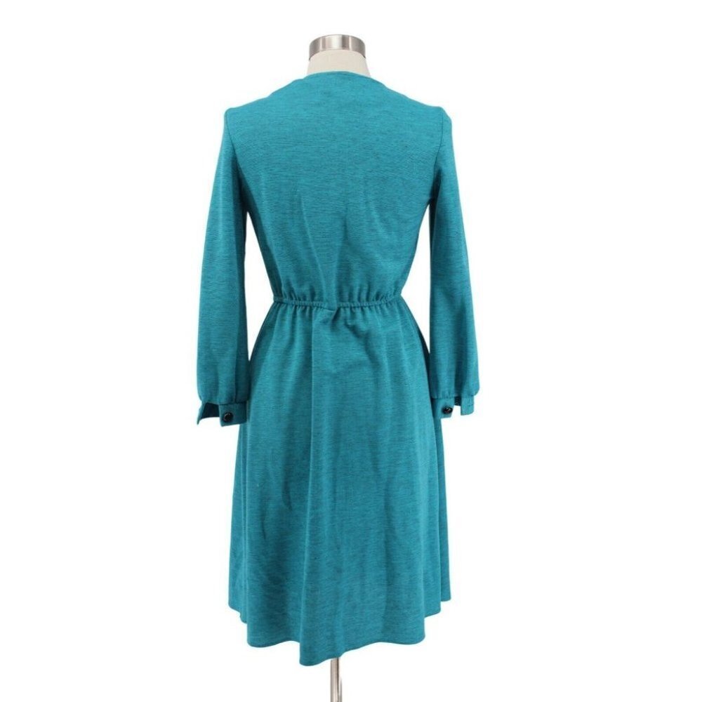 Vintage 70s Cora's Closet Turquoise Wool Elastic Waist Deco Buttons Dress Size S - Picture 4 of 7